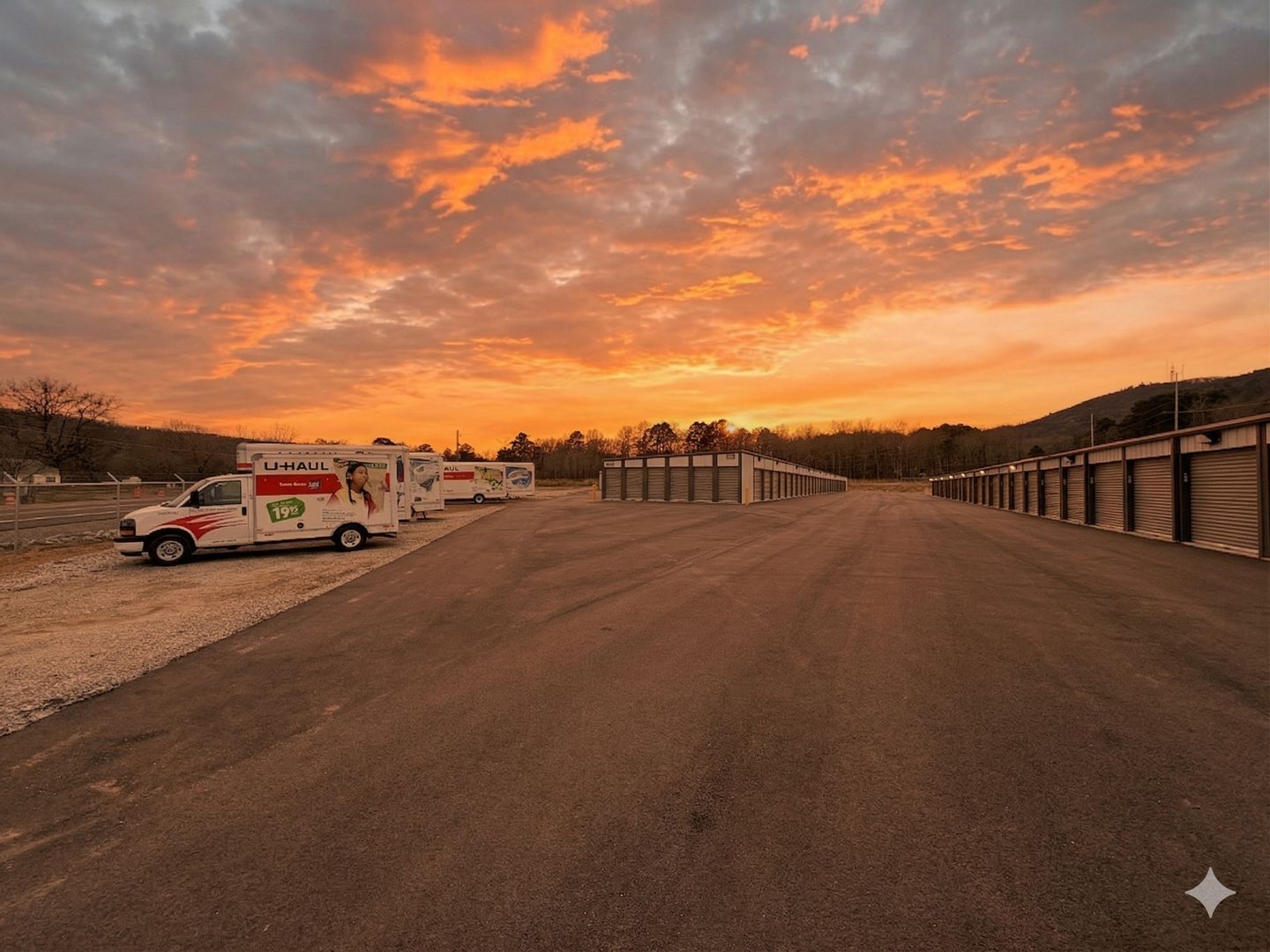 U-Haul trucks at Mountain Storage facility at sunset in Hot Springs, Arkansas